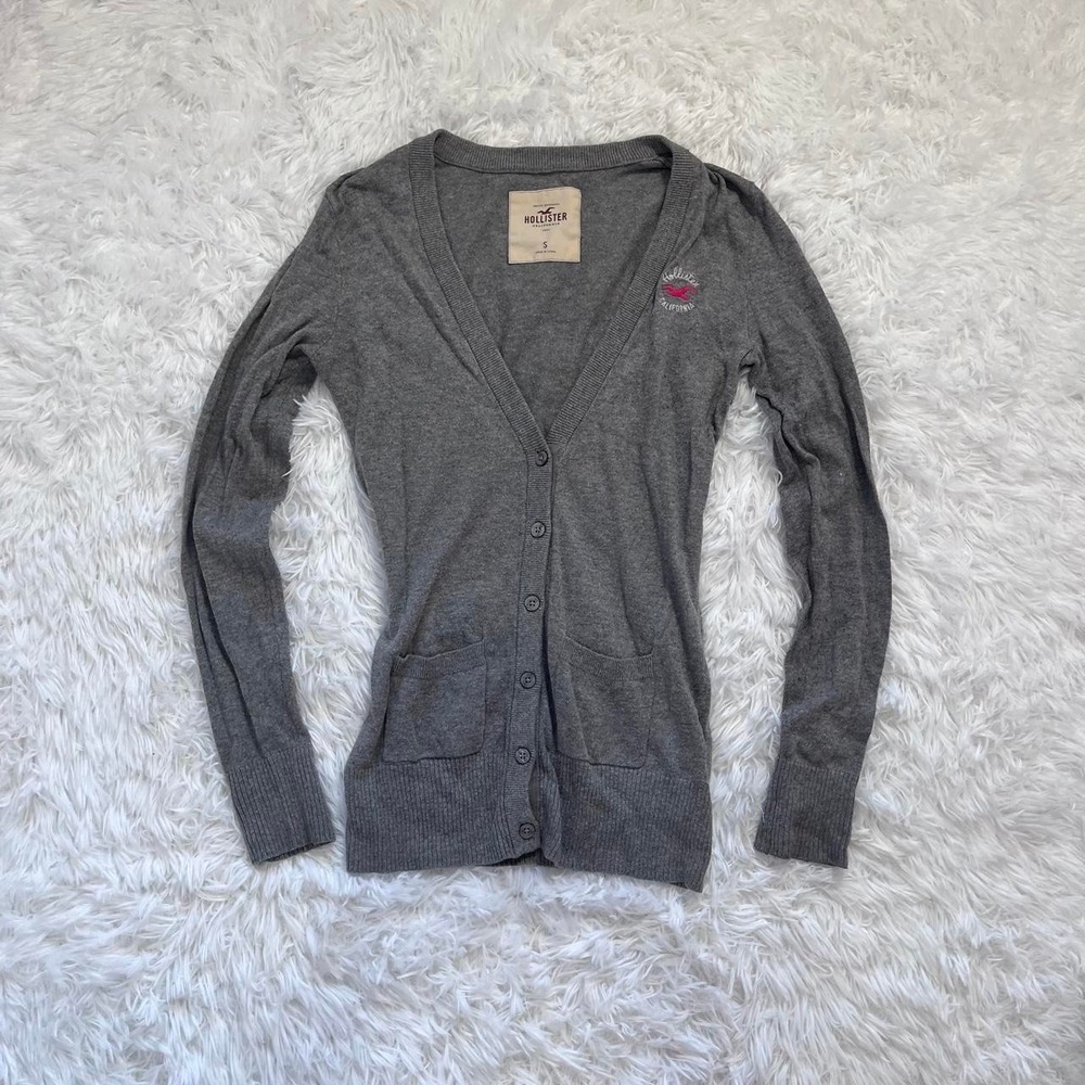 y2k vintage hollister gray button up embroidered cardigan sweater small